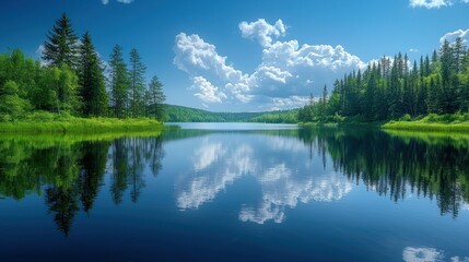 Fototapeta premium Serene lake reflecting clouds and trees.