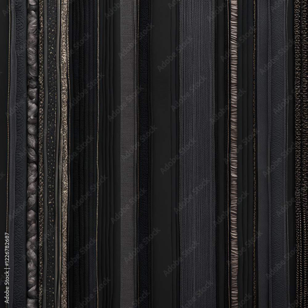 Poster a textured close-up of vertical black stripes with varying materials and patterns, creating a sophis