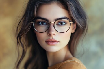 Fototapeta premium A close-up shot of a young woman wearing glasses and a sweater, with a neutral expression