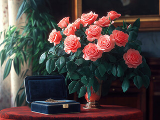 Obraz premium A bouquet of roses paired with a velvet jewelry box in luxury style