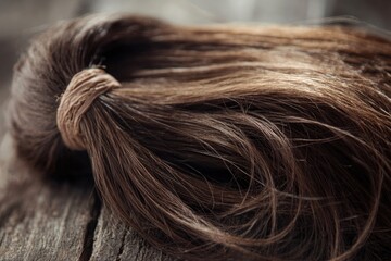 Fototapeta premium A magnified view of a human hair lying on a wooden surface, perfect for illustrating tiny details or scientific concepts