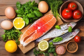 Fresh salmon, trout, eggs, tomatoes and spices creating a healthy meal