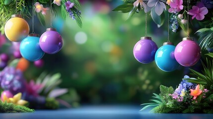 Colorful Easter eggs hanging amidst spring blossoms