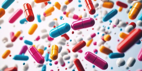 A colorful pill cloud with many different colored pills. The pill cloud is in the air and is very colorful