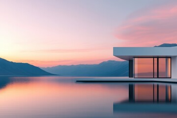 Futuristic villa sunset reflection lakefront real estate future cities