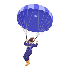 Woman skydiver gliding with a blue parachute, wearing a safety suit, isolated on white background. Concept of adventure and sports. Vector illustration