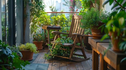 Obraz premium Wooden Rocking Chair Amidst Lush Balcony Garden Plants