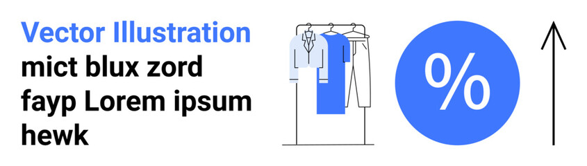 Vector art with a clothing rack, blue percent sign, and upward arrow. Ideal for fashion retail, sales trend, discount promotion, shopping, e-commerce business growth marketing. Landing page