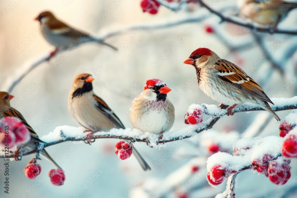 Poster a group of birds resting on the branches of a tree