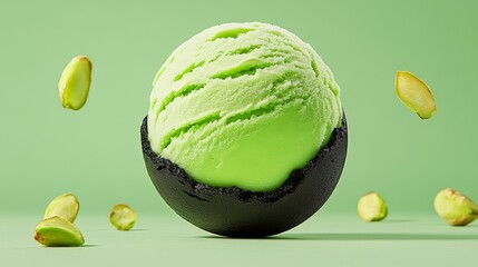 Green ice cream ball with a black hole in the middle. The nuts are scattered around the ice cream, creating a contrast between the bright green ice cream and the dark black hole