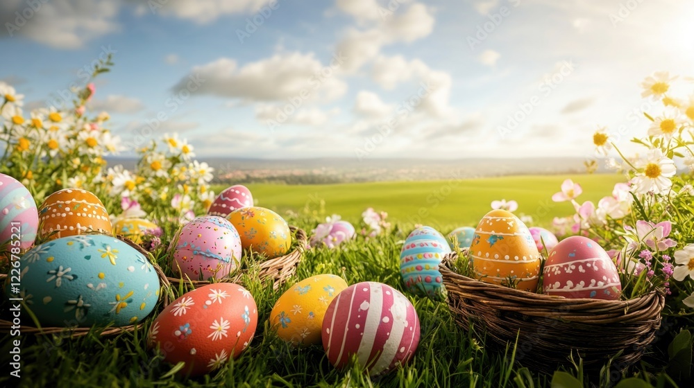 Aufkleber a basket full of easter eggs are scattered across a field of grass. the eggs are of various colors a