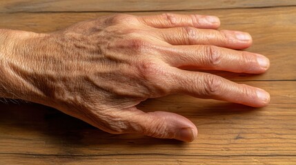 Fototapeta premium Close-Up of an Aging Human Hand on Wood Surface