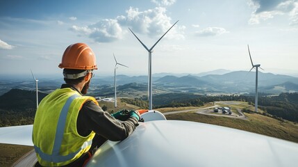A close-up of a renewable energy technician inspecting wind turbine blades on a wind farm, with turbines and renewable energy infrastructure in the background, Wind turbine inspection scene