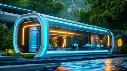 Fototapeta premium futuristic restaurant, neon lights, poolside - futuristic architecture