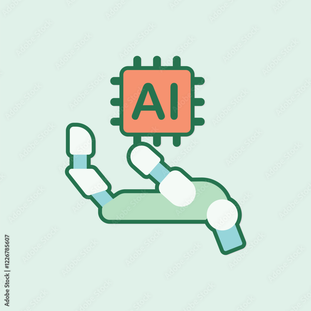Poster robotic arm holding a microchip with the letters ai on it in a light green background
