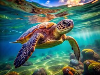 Fototapeta premium Turtle Swimming in Water, Candid Wildlife Photography, AI Art