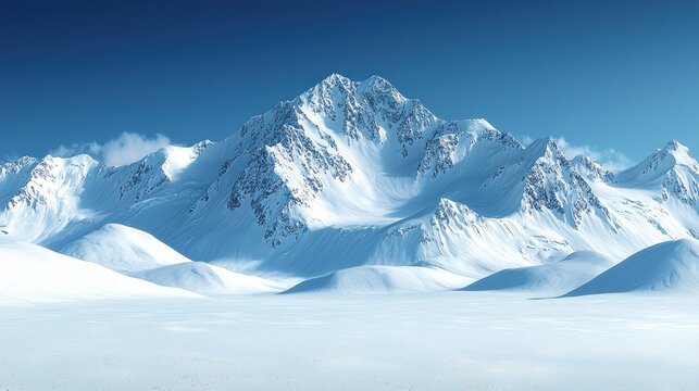Snow-covered mountain range under blue sky.