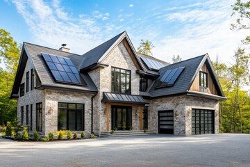 Naklejka premium This stunning modern house, adorned with solar panels, is beautifully nestled amidst lush greenery in a peaceful neighborhood, basking in the warm glow of daytime