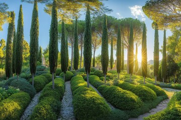 Lush garden with towering cypress trees bathed in golden sunlight at sunset, highlighting intricate stone pathways and vibrant greenery