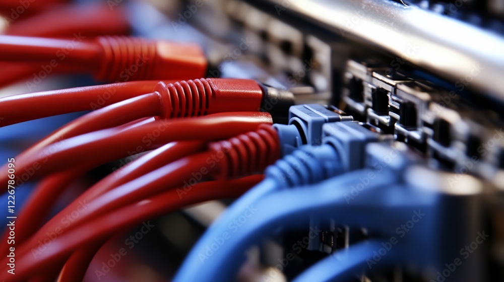 Poster close-up view of red and blue network cables connected to a server panel with multiple ports