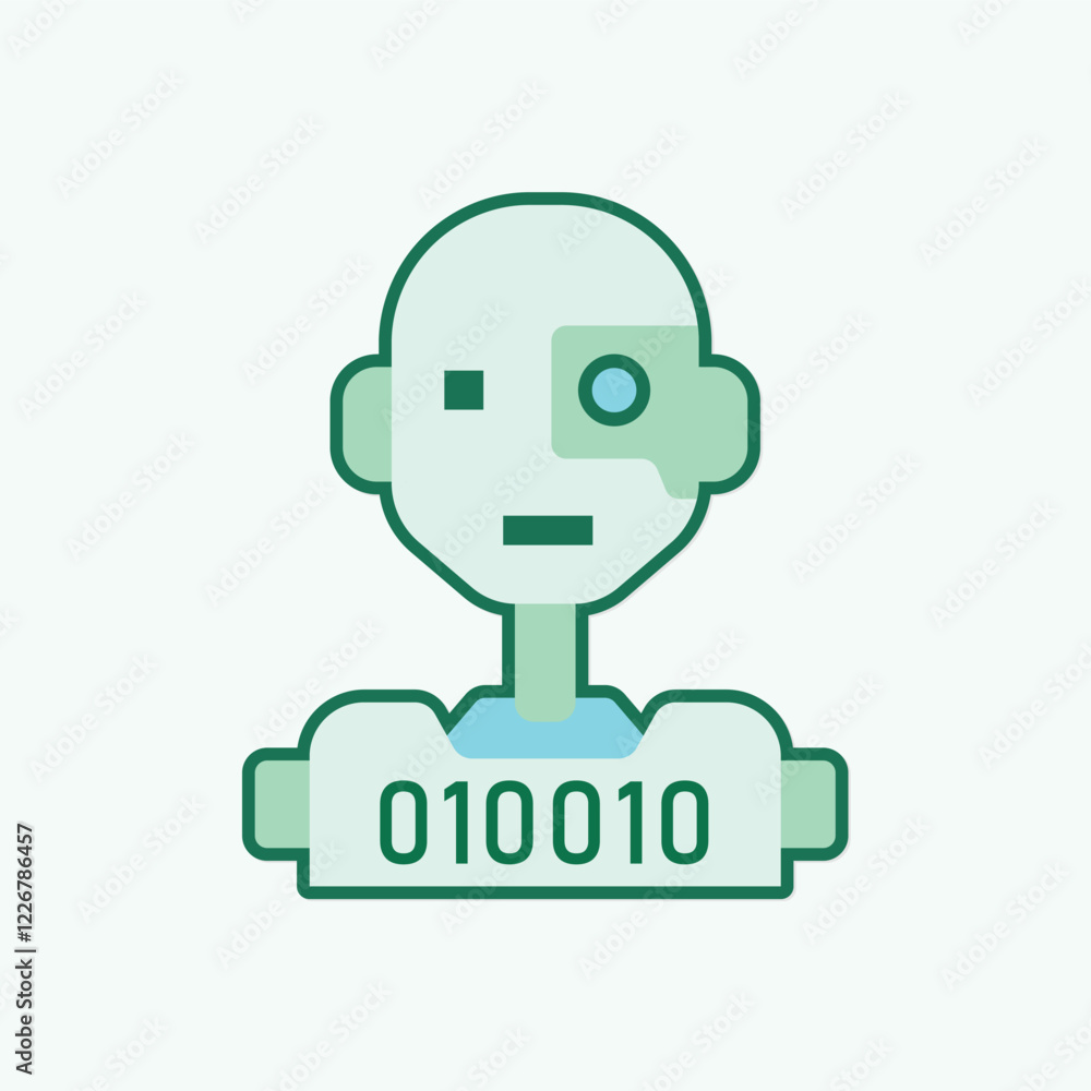 Poster stylized robot character illustration with binary code on a light background