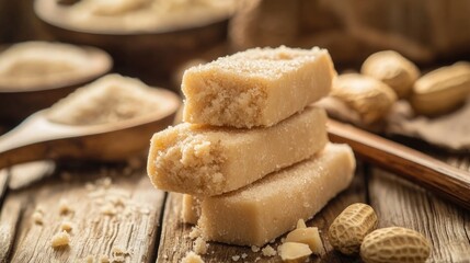 Fototapeta premium Peanut Paçoca. Traditional Brazilian peanut bars on rustic wooden background