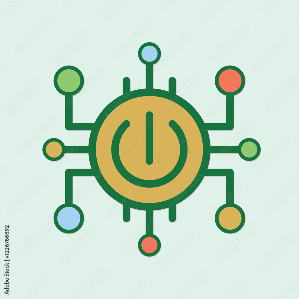 Poster stylized power button icon with connecting circuits and colored nodes over light background