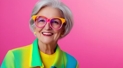 Woman in a colorful outfit with glasses and a big smile. She looks happy and confident. The colorful outfit and glasses give the impression that she is embracing her age and enjoying life