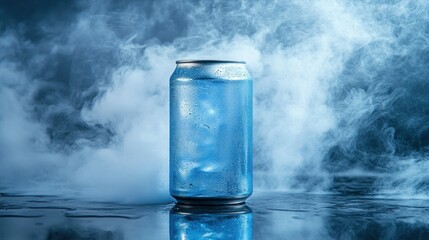 Iced can, smoky studio, cold drink, reflective surface, advertisement