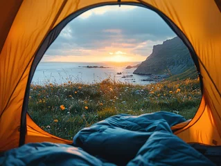 Peel and stick wall murals Coastal Camping Bliss View from Tent to Ocean Sunset on Flower Meadow in Norway