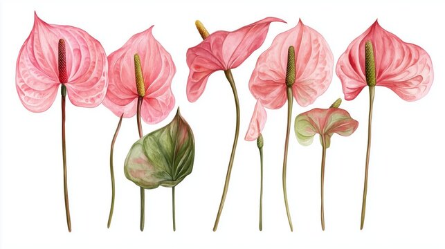 pink anthurium flowers watercolor painting on white clip art preview