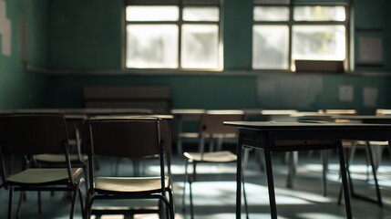 Empty Classroom with Desks and Chairs lit by Sunlight Through Windows on a quiet day