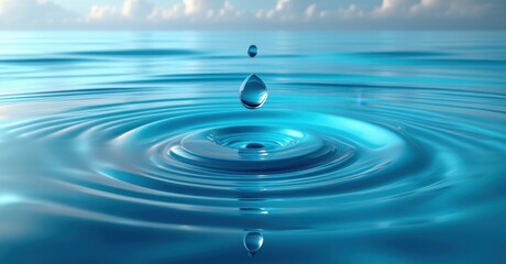 Single drop of water creating ripples expanding across an entire ocean. Symbolizing impact, connection, cause-and-effect, and unity through fluid motion and energy
