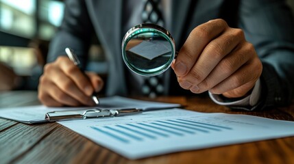Businessman Examining Financial Charts with Magnifying Glass