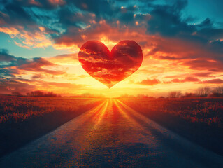 Fototapeta premium Love-Inspired Sunset with Heart Shaped Sky and Scenic Road