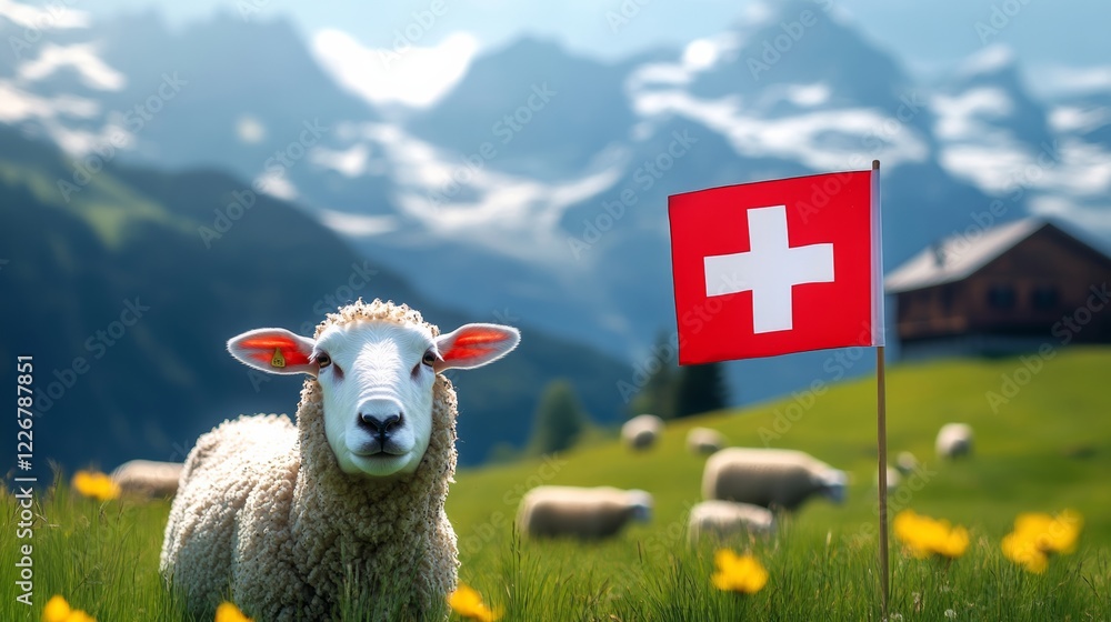 Poster sheep is standing in a grassy field next to a flag with a red cross on it. the sheep is the main foc