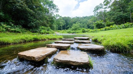 Stepping stones across a tranquil forest stream. Peaceful nature scene for travel brochures