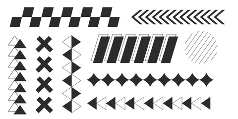 Y2k geometric elements border set, slash line, grid pattern. Groovy cyber retro design elements. 