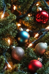A detailed view of Christmas tree decorations