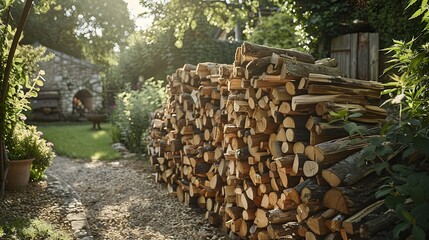 Sunlit Stacked Firewood Beside Garden Path