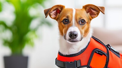 Playful Dog in Bright Harness Posing Indoors with Green Background