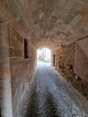 Obraz premium Narrow stone alley with arch and greenery in the medieval Old Town of Rhodes