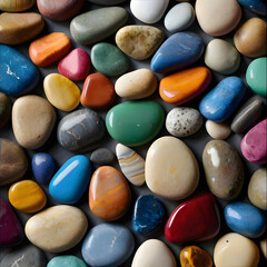 Smooth, colorful rocks of various sizes are scattered across a dark surface.
