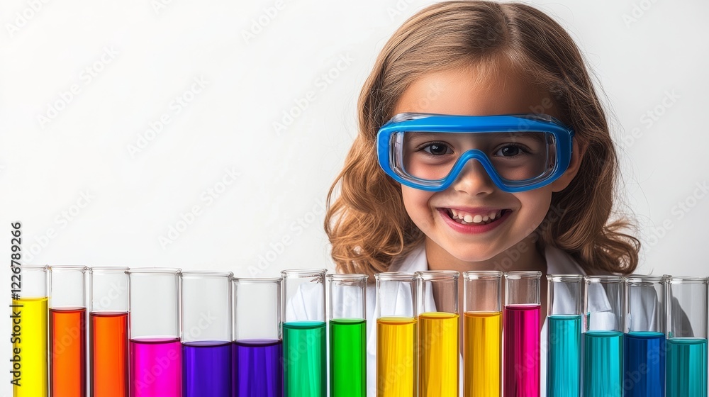 Poster young girl wearing goggles and a lab coat is smiling at the camera in front of a row of colorful tes