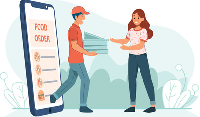 Online Food Ordering Illustration with Delivery Man Handing Over Meal to Customer A scene of a food delivery person handing over a meal to a happy customer.