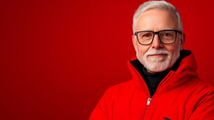 Obraz premium Man in a red jacket and glasses is smiling at the camera. The image has a warm and friendly mood, with the man looking directly at the camera