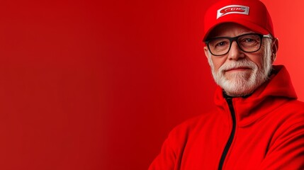 Fototapeta premium Man wearing a red hat and a red jacket is smiling. The image has a warm and friendly mood