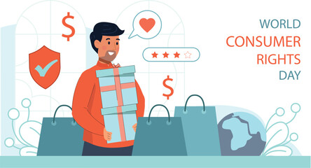 World Consumer Rights Day Illustration with Shopping and Secure Transactions Features a secure online shopping experience with consumer rights symbols, emphasizing safe transactions.