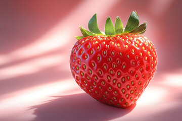 A single ripe strawberry rests on a pink surface