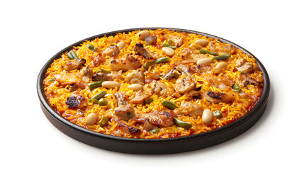 Traditional Spanish Paella Valenciana Served on a Round Platter